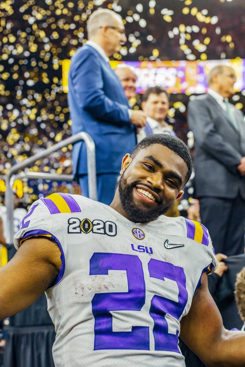 LSU junior running back Clyde Edwards-Helaire (22) poses for the camera on Monday, January 13, 2020 after LSU's 42-25 win against Clemson at the National Championship in the Mercedes-Benz Superdome.