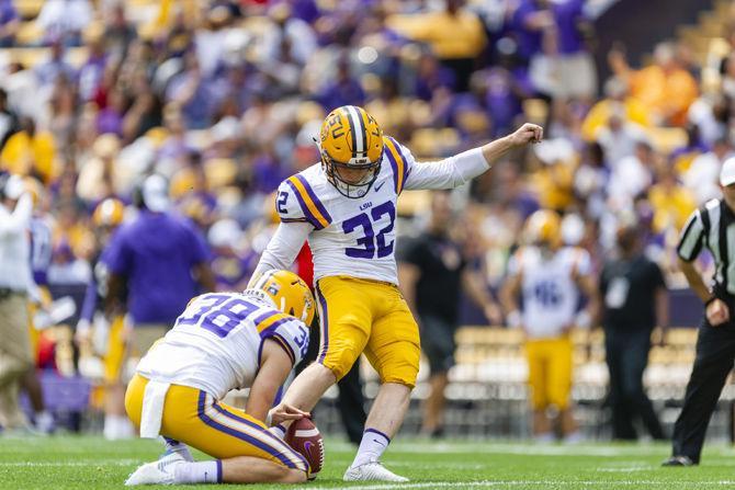 LSU sophomore kicker Avery Atkins (32) kicks a field goal during the Tigers' spring football game in Tiger Stadium on Saturday, April 6, 2019.