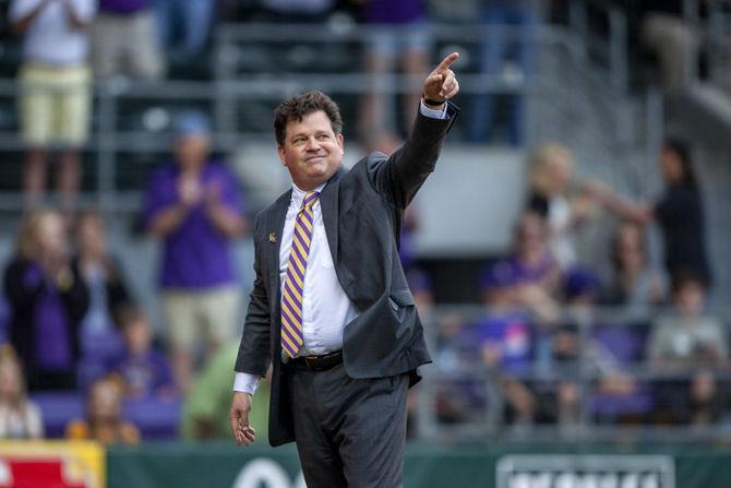 LSU athletic director Scott Woodward is introduced to the crowd during the Tigers' 5-3 victory over Lamar on Tuesday, April 23, 2019, in Alex Box Stadium.