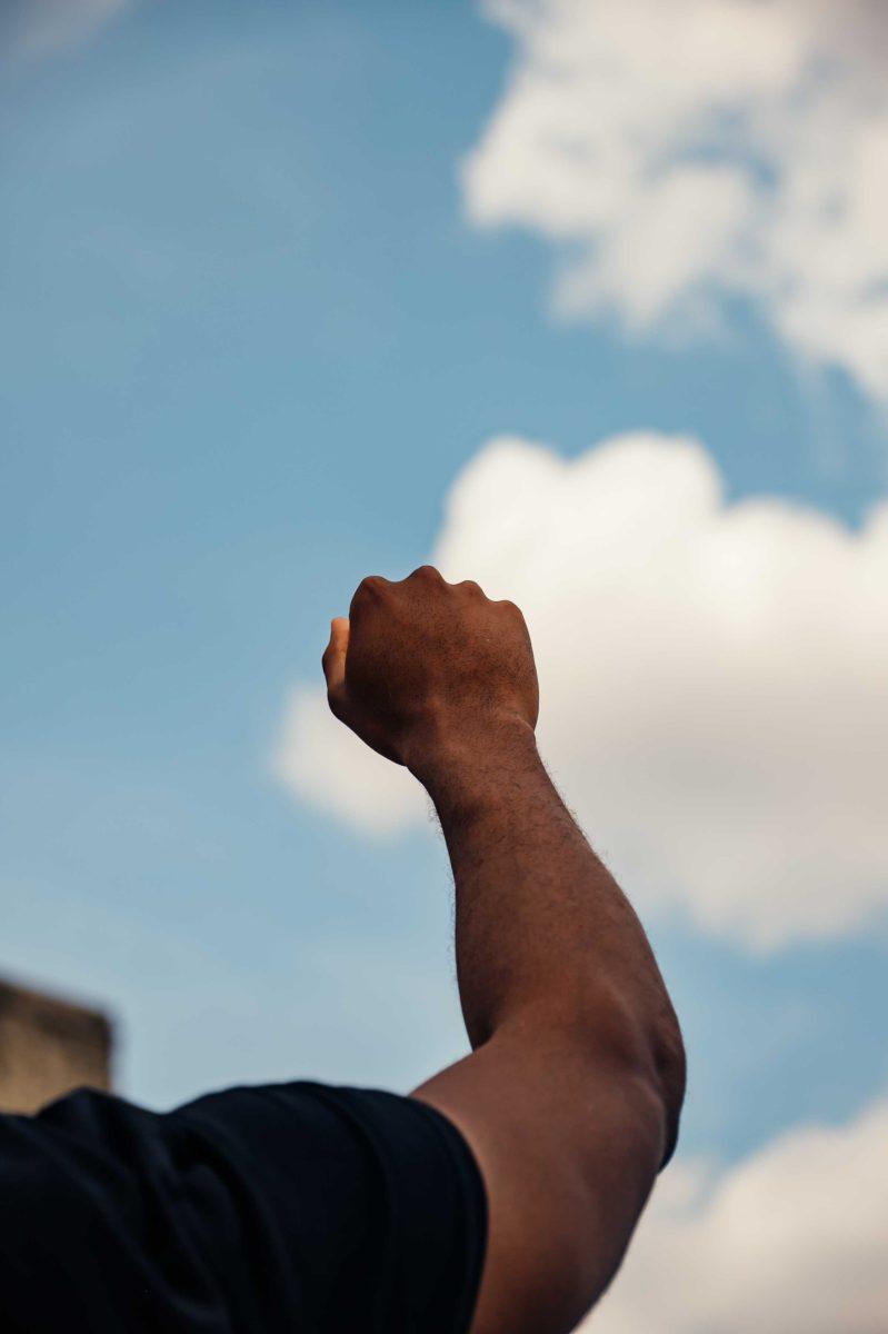 A protester responds to the chant, "No Justice, No Peace," on Sunday, May 31, 2020 during the protest of the death of George Floyd at the State Capitol in Downtown Baton Rouge.