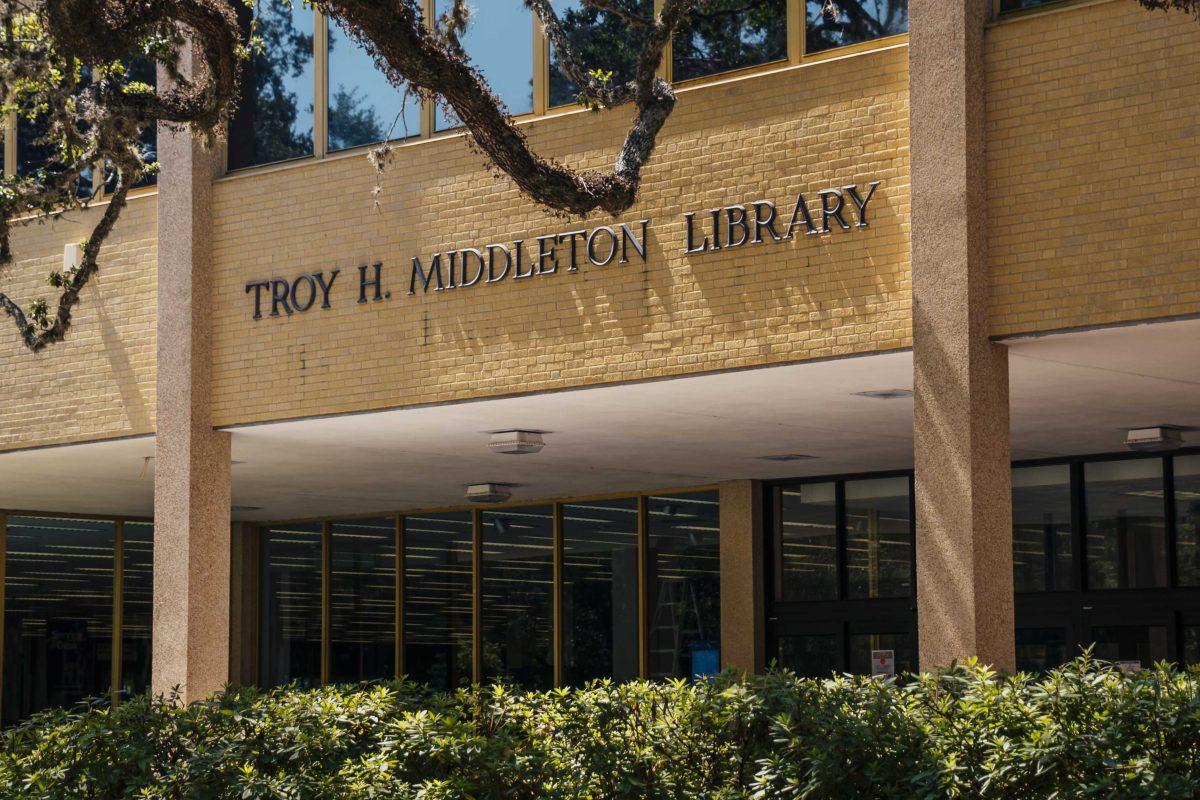 Troy H. Middleton Library&#8212;the first subject of building renaming efforts, now named LSU Library&#8212;on June 17, 2020, on LSU's campus.