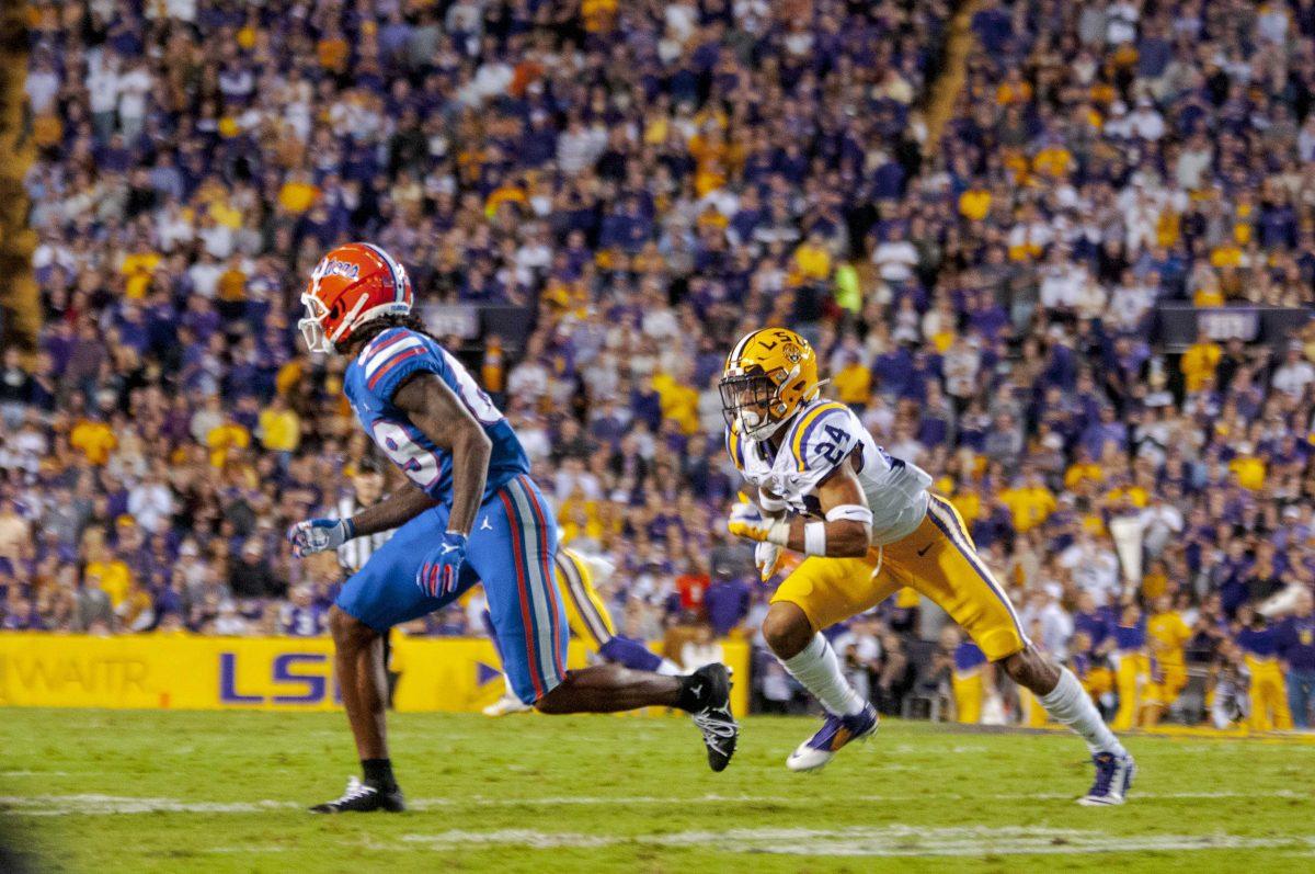 LSU freshman cornerback Derek Stingley, Jr. (24) defends his man on Saturday, Oct. 12, 2019, during the Tigers' 42-28 victory against the Gators in Tiger Stadium.