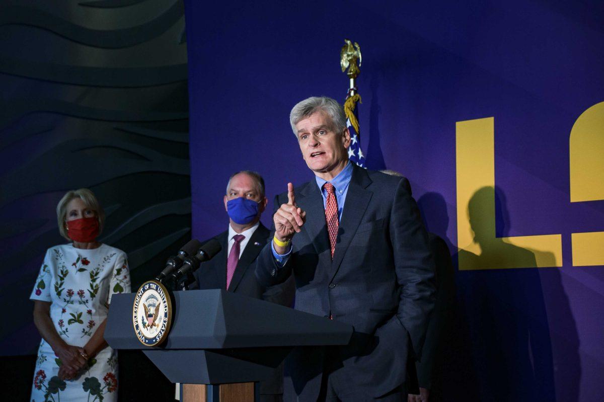 Louisiana Senator Bill Cassidy speaks about the impact coronavirus has on Louisiana Tuesday, July 14, 2020 during the press conference with Vice President Mike Pence and local officials in Tiger Stadium.