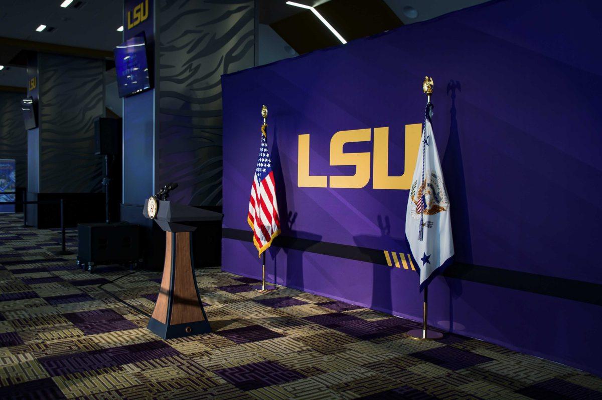 LSU sets up on Tuesday, July 14, 2020 before the press conference with Vice President Mike Pence and local officials in Tiger Stadium.