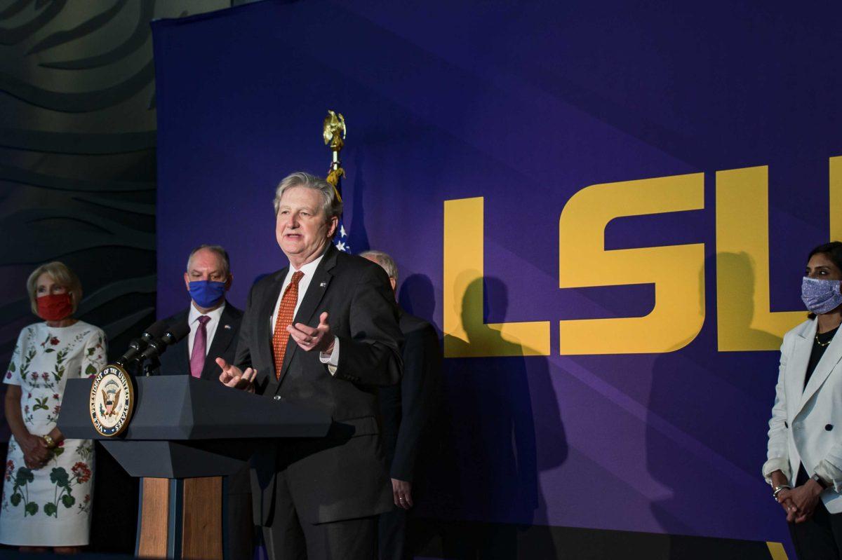 Louisiana Senator John Kennedy speaks about the impact coronavirus will have on Louisiana schools on Tuesday, July 14, 2020 during the press conference with Vice President Mike Pence and local officials in Tiger Stadium.