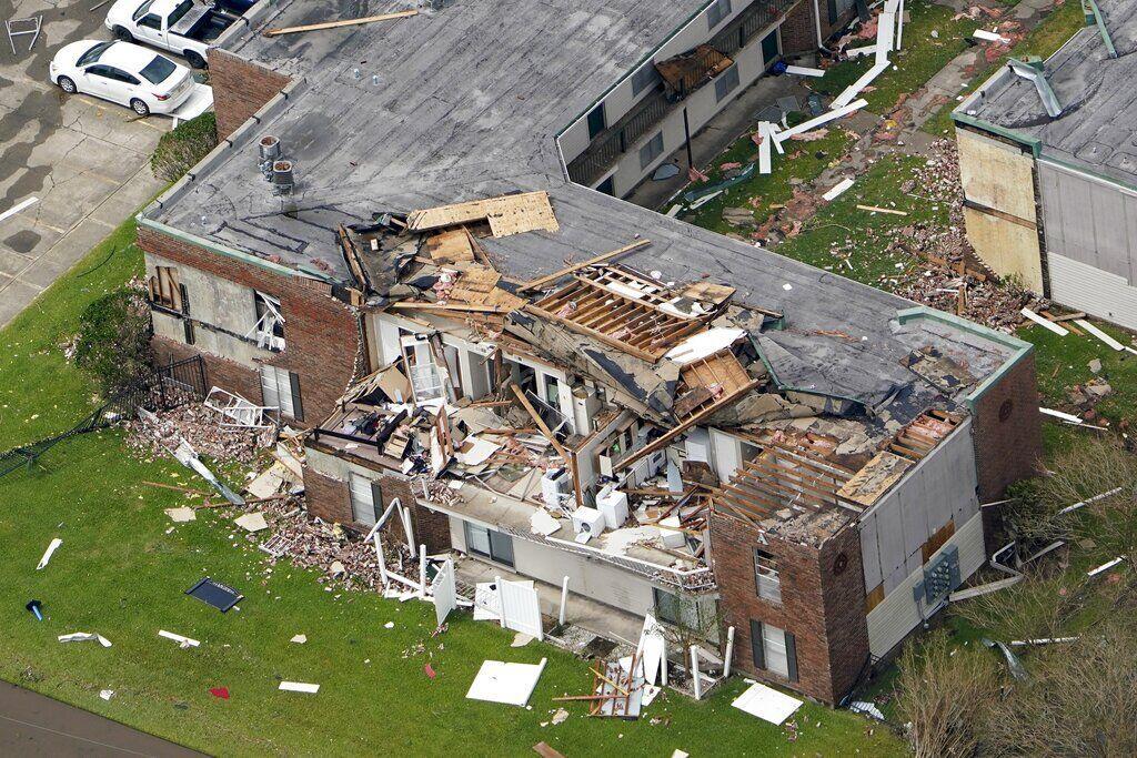 A apartment building is damaged Thursday, Aug. 27, 2020, after Hurricane Laura went through the area near Lake Charles, La.