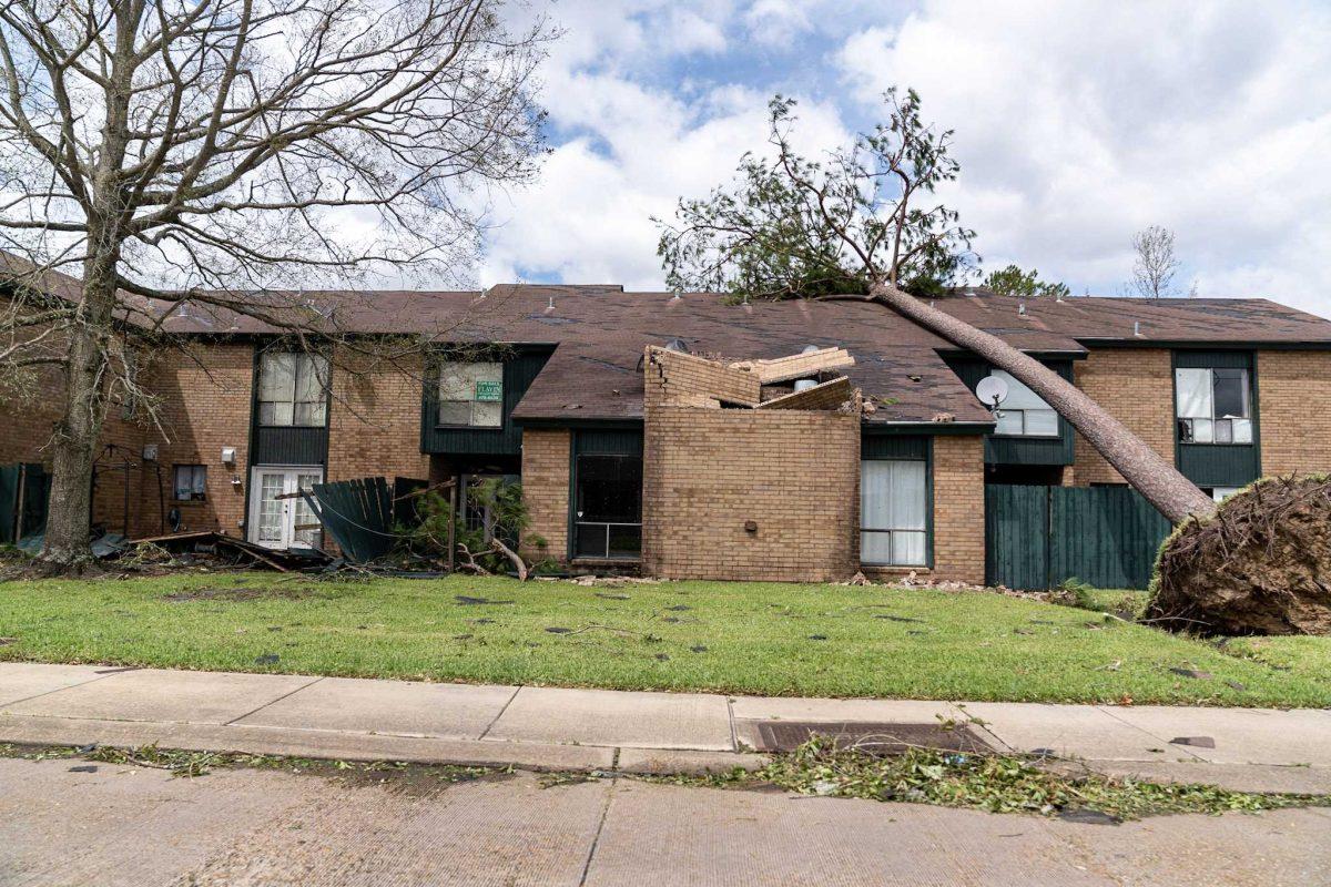 A house is left destroyed by a nearby tree on Thursday, Aug. 27, 2020, after Hurricane Laura swept through Lake Charles, LA.