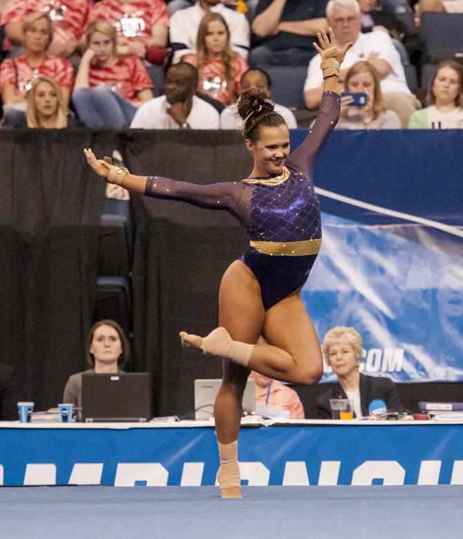 LSU senior all-arounder Ashleigh Gnat performs her floor routine during the Tigers' first place win in the NCAA Semifinals Session II with a 198.275 team score to advance to the Super Six Championship on Friday, April 14, 2016 in the Chaifetz Arena, in St. Louis, Missouri.