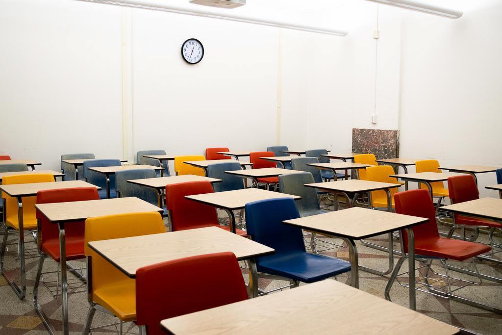 Desks in a classroom in the Huey P. Long Field House on February 5, 2020.