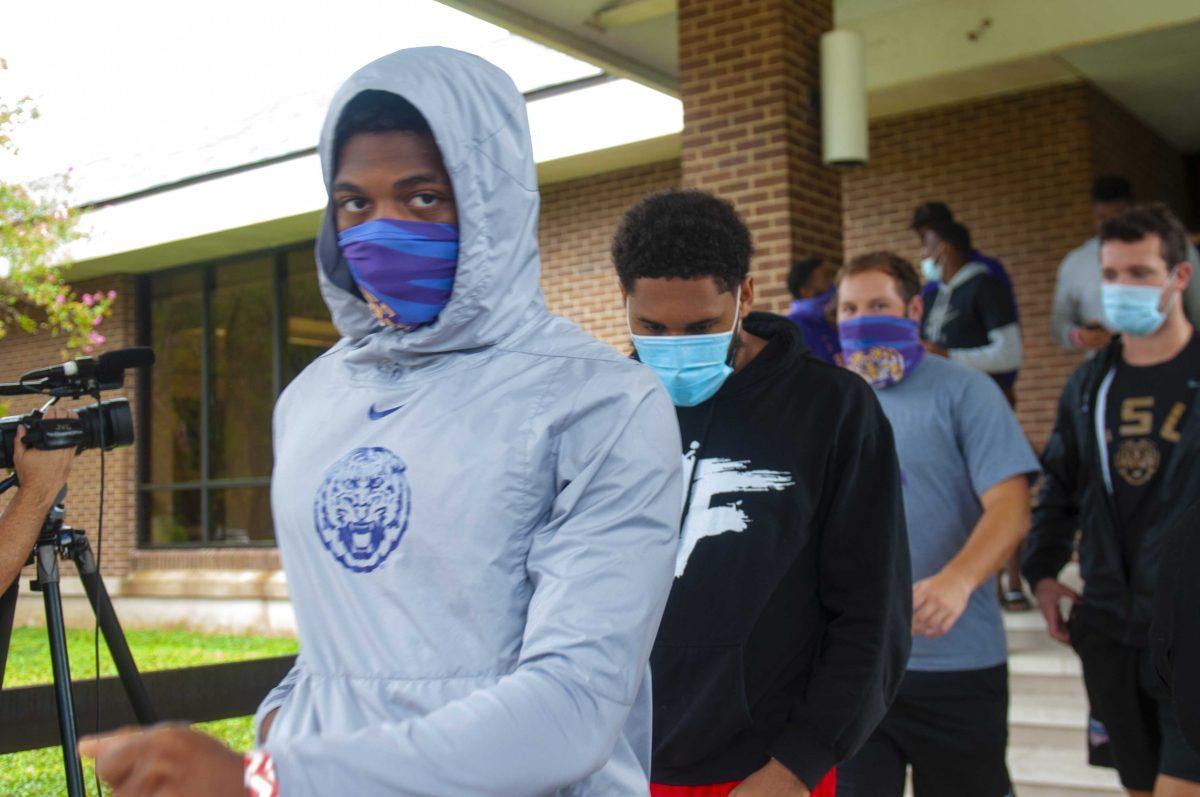 LSU football players leave LSU President office on Friday, Aug. 28, 2020 after holding protest.