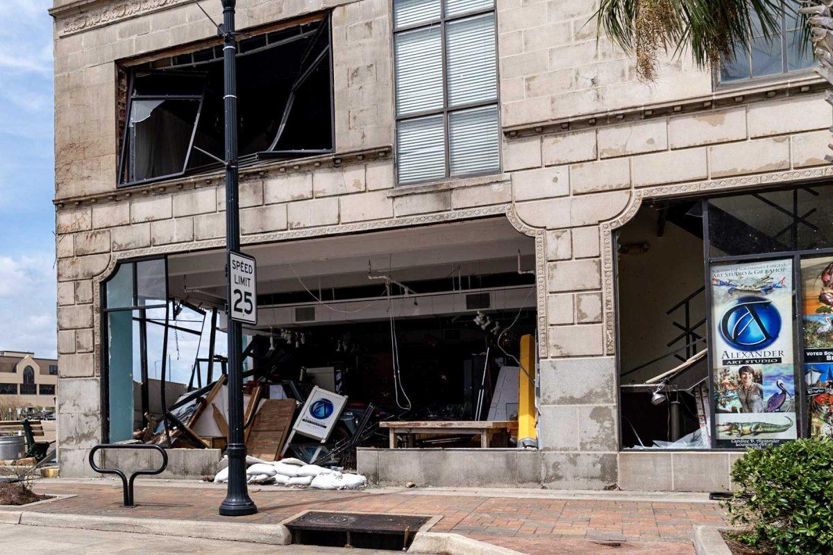 A building is left damaged on Thursday, Aug. 27, 2020, after Hurricane Laura swept through Lake Charles, LA.