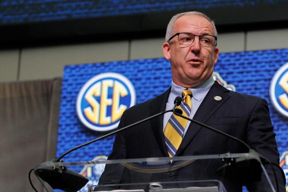 Greg Sankey, commissioner for the NCAA Southeastern Conference, speaks at the 2018 SEC Football Media Days in Atlanta, Georgia on Monday, July 16, 2018. (Photo/Tony Walsh)