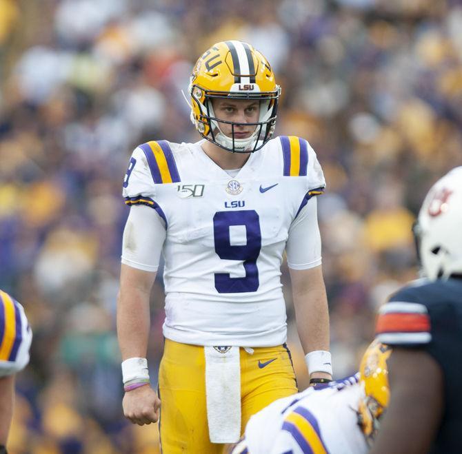 LSU senior quarterback Joe Burrow (9) prepares to throw the ball during the Tigers' game against Auburn on Saturday, Oct. 26, 2019, at Tiger Stadium.