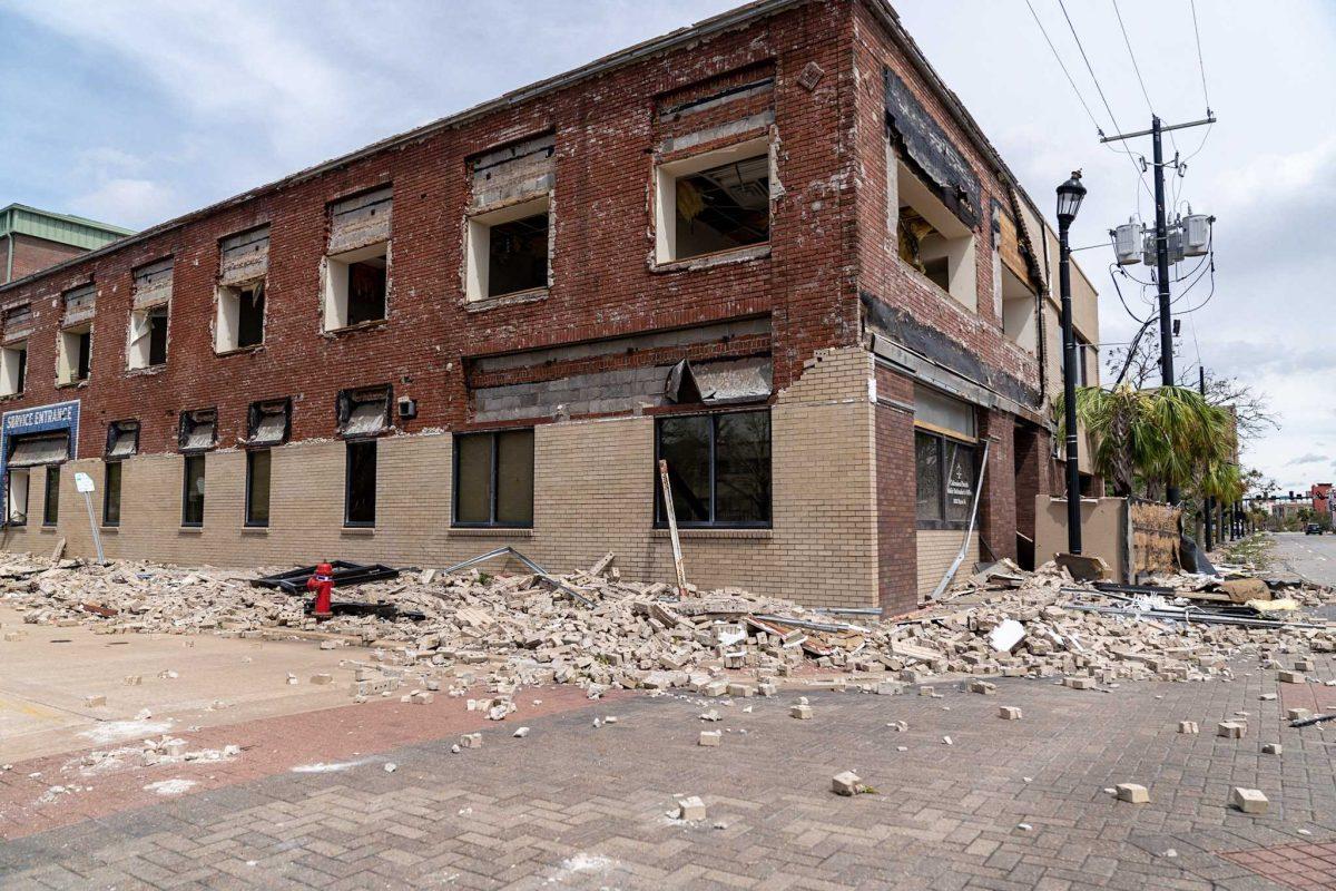 A multi-story building is left damaged on Thursday, Aug. 27, 2020, after Hurricane Laura swept through Lake Charles, LA.