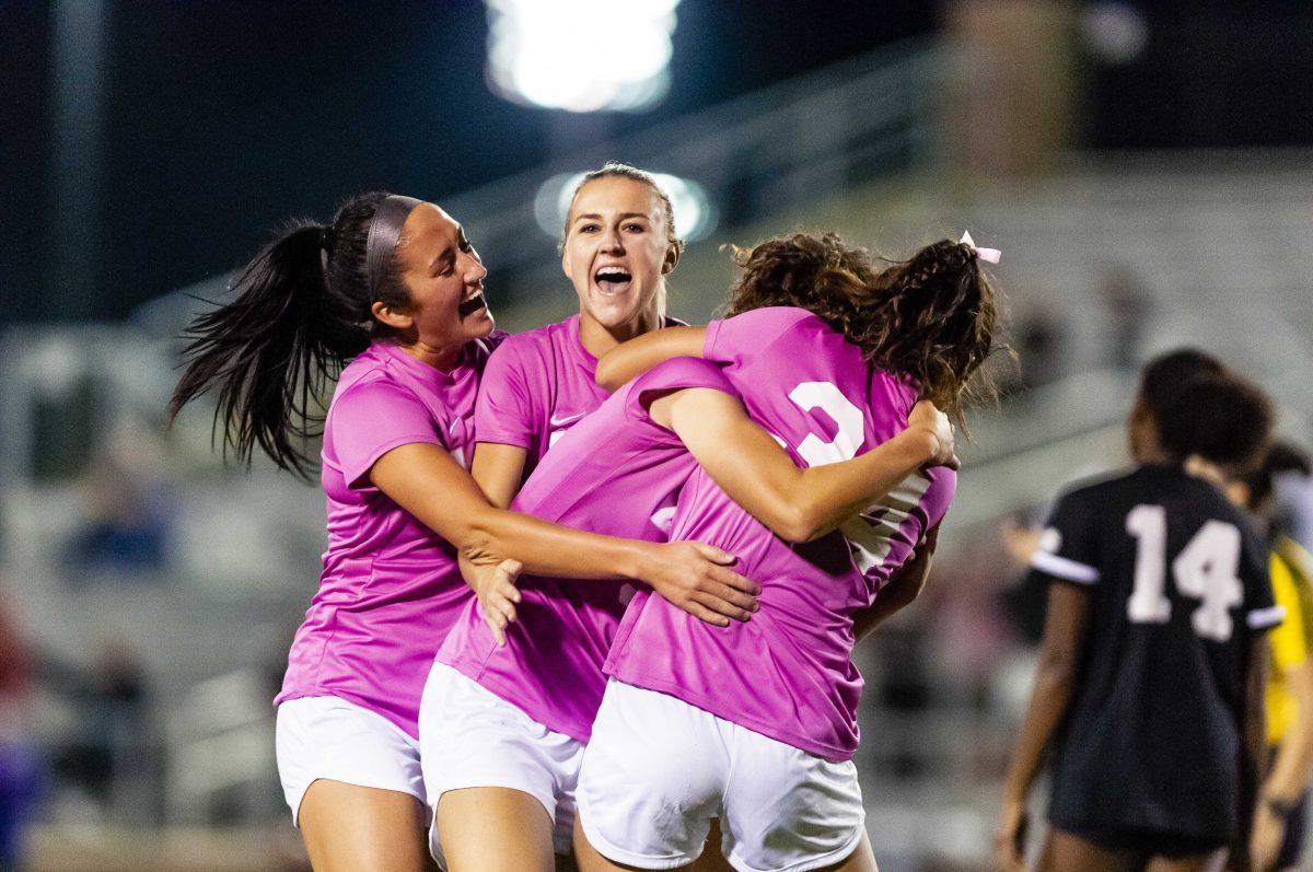 LSU soccer players celebrate after a goal during the Tigers 2-2 draw against Mississippi State on Thursday, Oct. 24, 2019, in the LSU Soccer Complex.