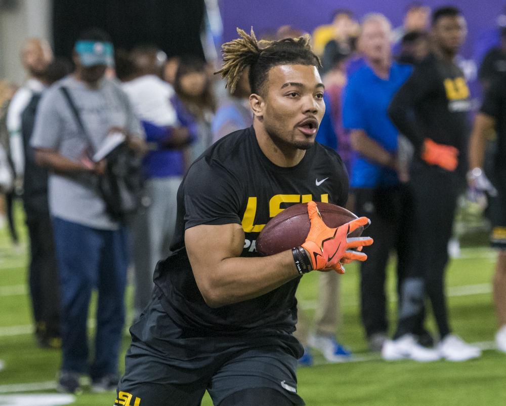 Former LSU running back Derrius Guice runs drills at LSU's NFL Pro Day on Wednesday, April 4, 2018 in the Indoor Practice Facility.