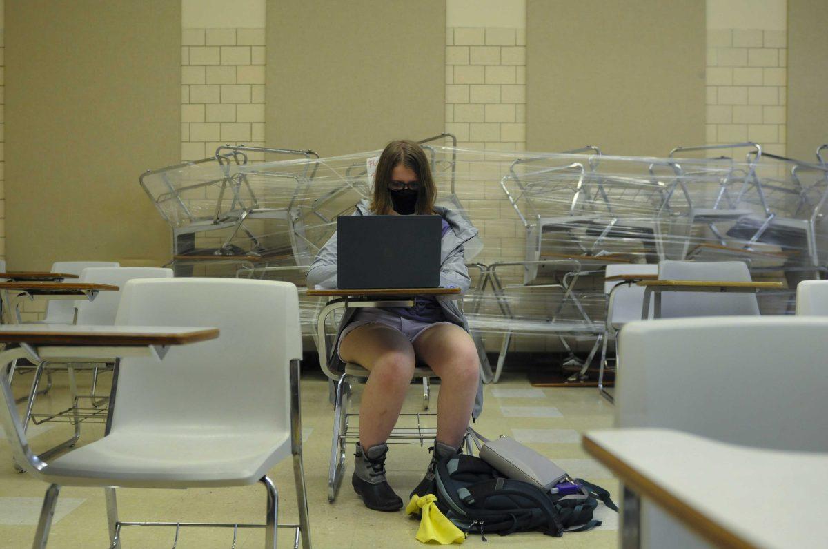 Political communications junior Madeline Jones joins her Zoom class&#160;Tuesday, Aug. 25, 2020 during the first day of school in Allen Hall.