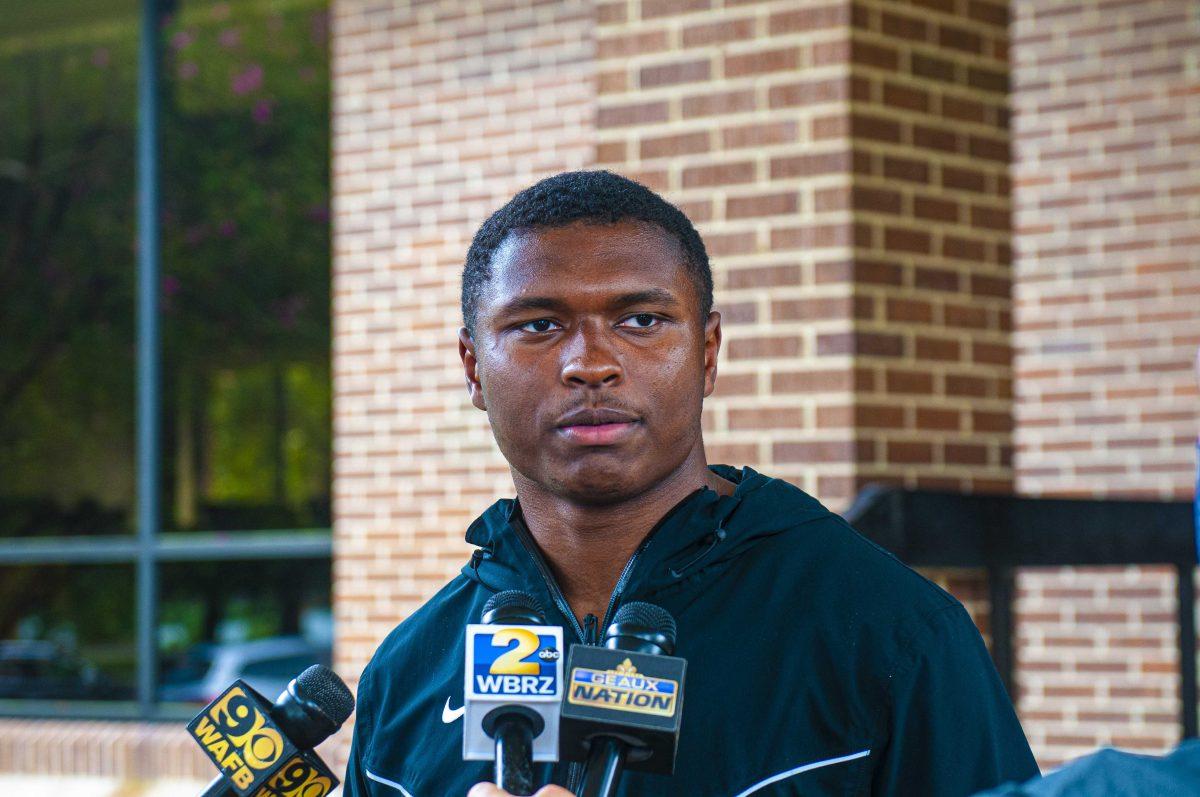 LSU football senior safety Jacoby Stevens speaks to media about protest on Friday, Aug. 28, 2020 in front of LSU President office.