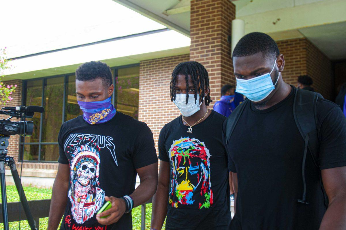 LSU football players leave LSU President office on Friday, Aug. 28, 2020 after holding protest.