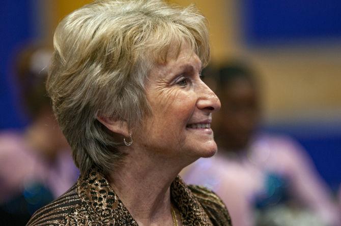 LSU gymnastics coach D-D Breaux smiles at the crowd during the Tigers' 196.575- 196.275 win over Auburn on Friday, Jan. 17, 2020, in the PMAC.