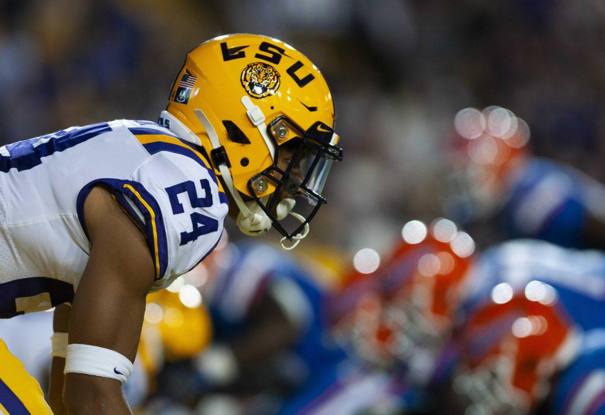 LSU freshman cornerback Derek Stingley Jr. (24) lines up for a snap during the Tigers' 42-28 victory over Florida on Saturday, Oct. 12, 2019.