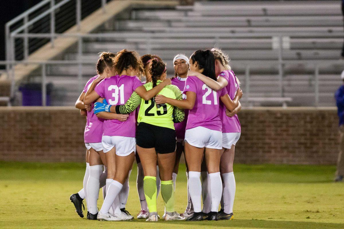 LSU soccer players prepare for the game during the Tigers 2-2 draw against Mississippi State on Thursday, Oct. 24, 2019, in the LSU Soccer Complex.