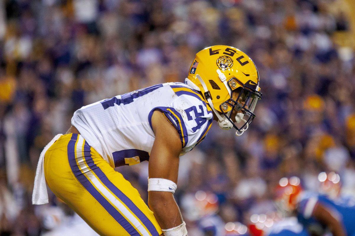 LSU freshman cornerback Derek Stingley, Jr. (24) prepares for the next play on Saturday, Oct. 12, 2019, during the Tigers' 42-28 victory against the Gators in Tiger Stadium.