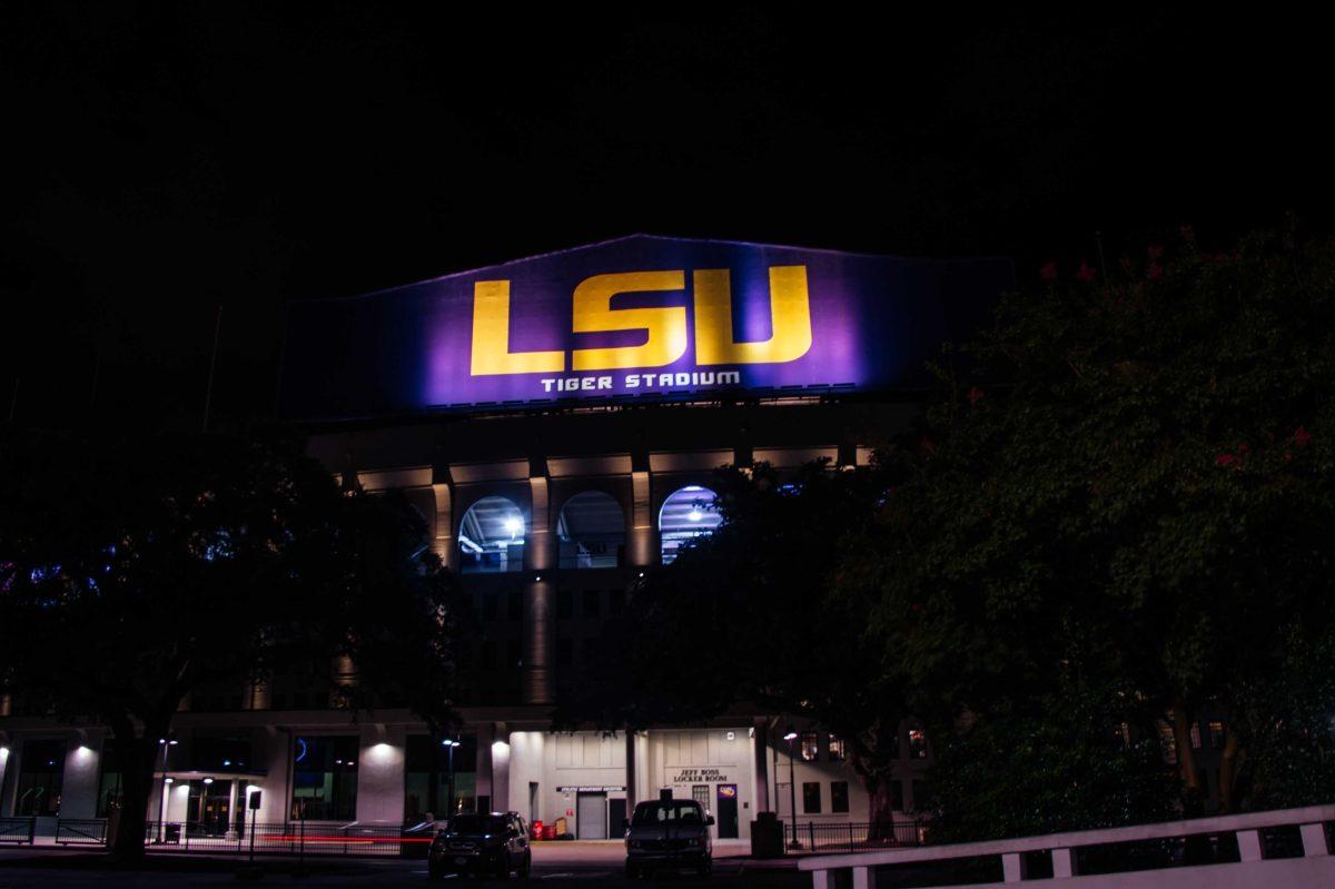 Tiger Stadium shines bright Tuesday, Sept. 15, 2020 at night on N Stadium Road on LSU's campus.