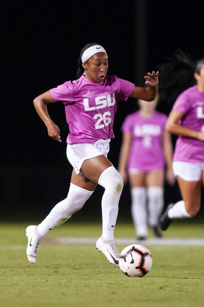 LSU freshman forward Rammie Noel (26) takes the ball down the field during the Tigers 2-2 draw against Mississippi State on Thursday, Oct. 24, 2019, in the LSU Soccer Complex.