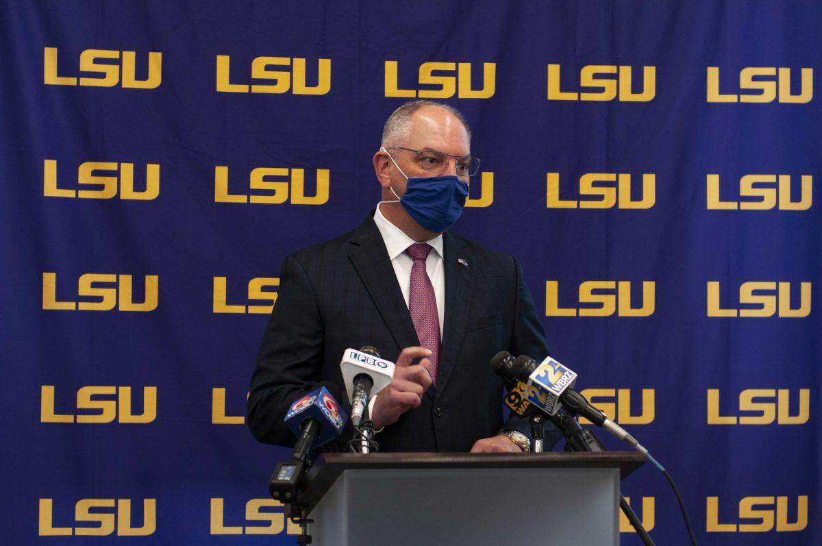 Gov. John Bel Edwards speaks about coronavirus safety Wednesday, Sept. 23, 2020 in a press conference alongside Dr. Deborah Birx and Interim President Tom Galligan approaching LSU's first home football game in the LSU Foundation Center for Philanthropy.