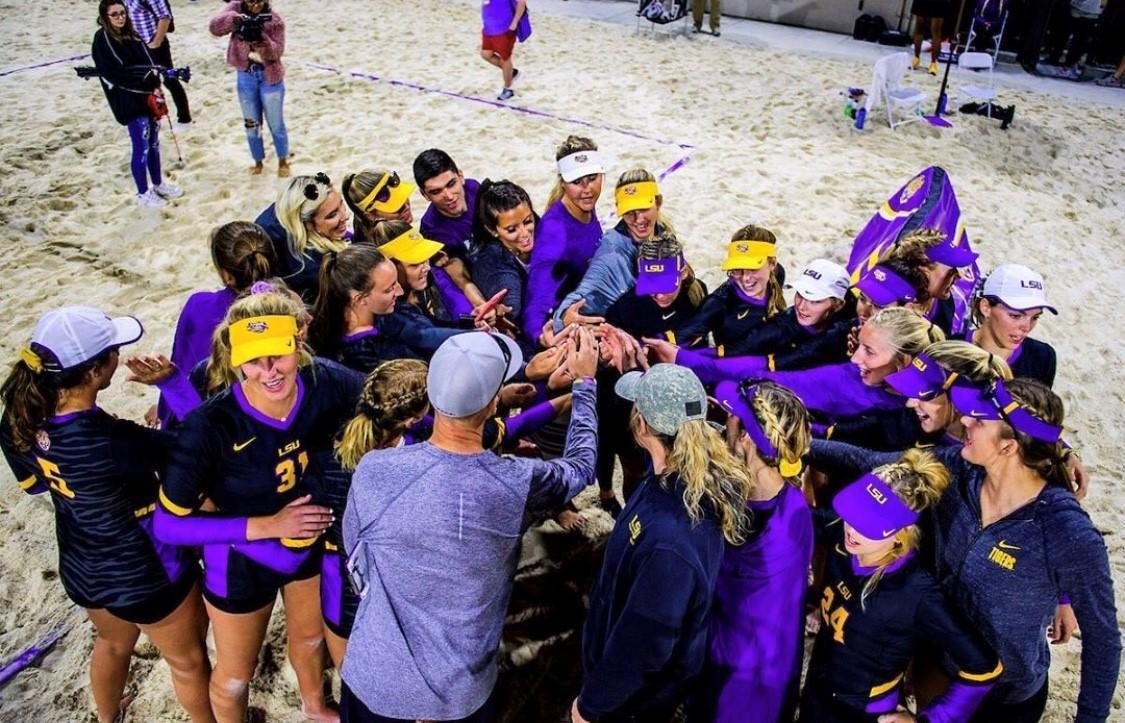 The last full team huddle of the season after the sandy Tigers defeated the top-ranked UCLA Bruins to claim the No. 1 spot in the country.