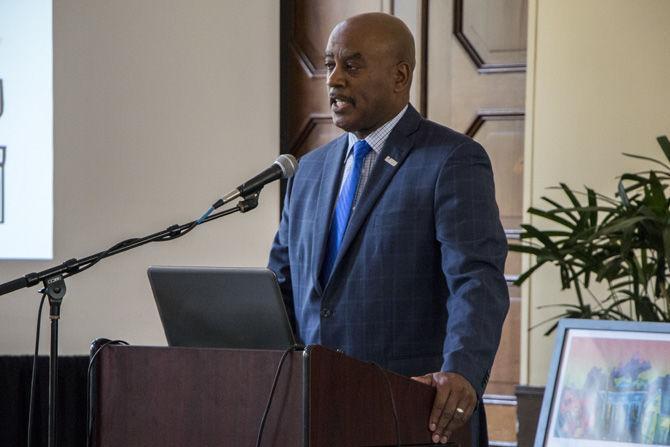 Vice provost for diversity and chief diversity officer Dr. Dereck J. Rovaris speaks at the Clarence L. Barney, Jr. African American Cultural Center (AACC) Jazz Brunch on Saturday, Feb. 24, 2018, in the LSU Club at Union Square.