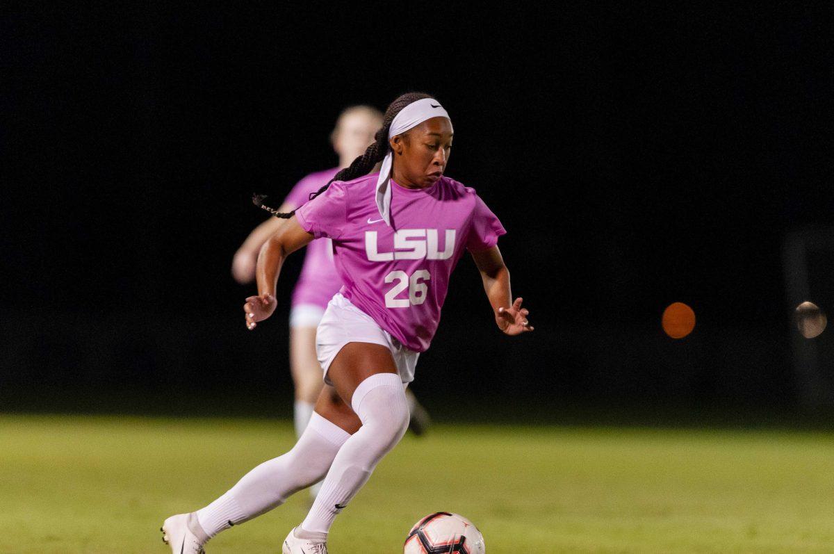 LSU freshman forward Rammie Noel (26) takes the ball down the field during the Tigers 2-2 draw against Mississippi State on Thursday, Oct. 24, 2019, in the LSU Soccer Complex.