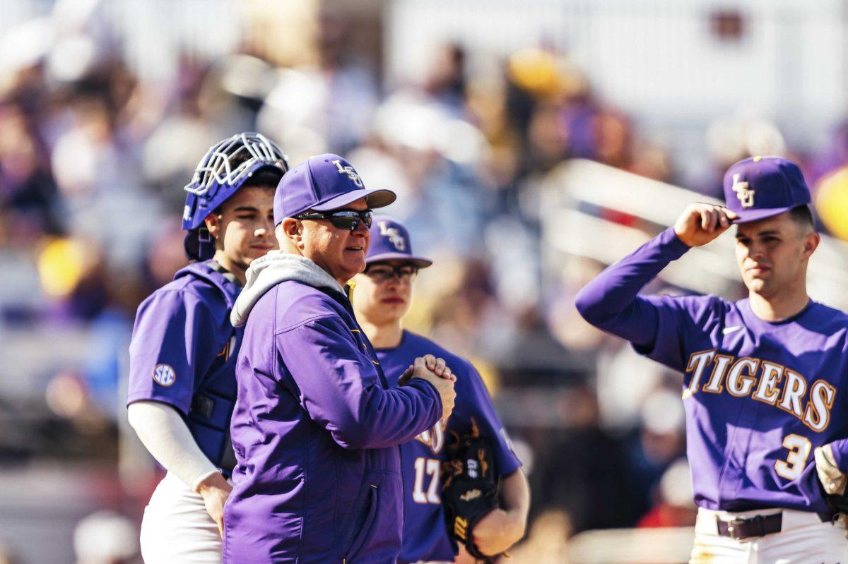 LSU baseball Head Coach Paul Maineri looks onto the field on Saturday, Feb. 15, 2020 during LSU's 7-4 victory against Indiana at Alex Box Stadium.