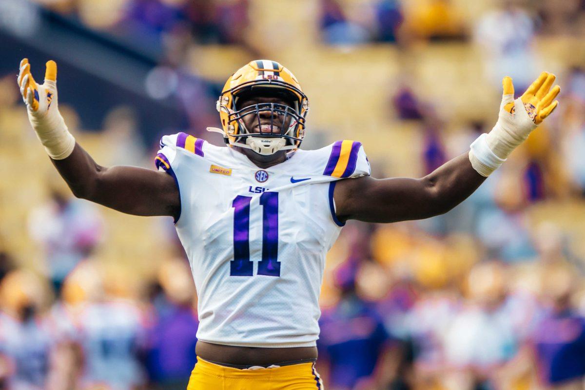 LSU football junior defensive lineman Ali Gaye (11) cheers to the crowd Saturday, Sep. 26, 2020 during LSU's 44-24 loss against Mississippi State in Tiger Stadium.