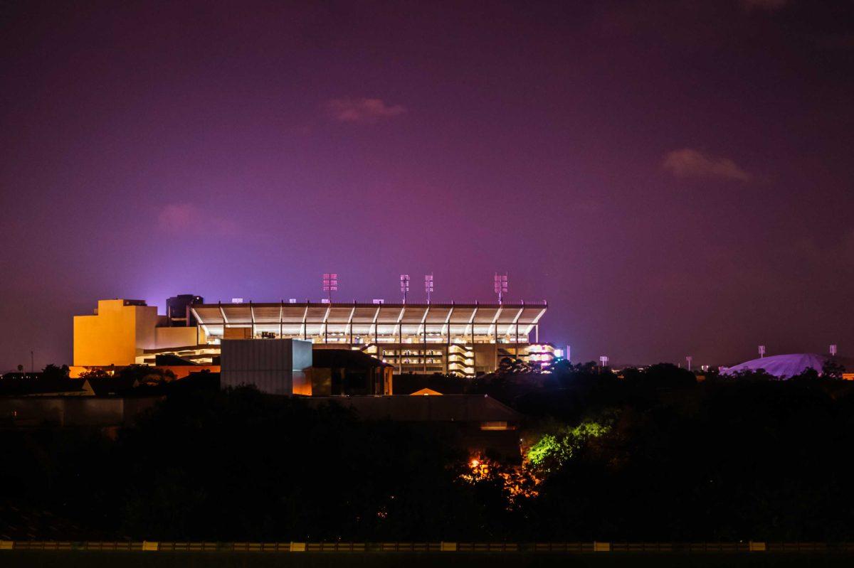 Tiger Stadium makes the sky purple Saturday, Sept. 19, 2020 from the top of the Barnes &amp; Noble at LSU parking garage on E Campus Drive.