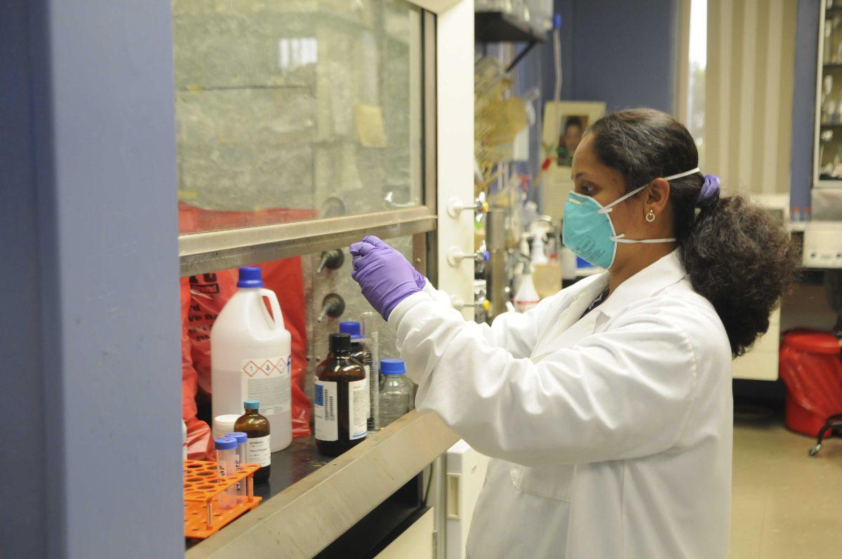 Dr. Nithya Jambunathan tests water samples Sept. 18, 2020 for COVID-19 research in the LSU Vet School.