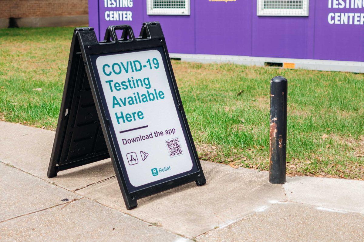 A COVID-19 testing sign sits Thursday, Sep. 17, 2020 in front of a COVID-19 testing pod next to the Pentagon Community on Dalrymple Drive at LSU.