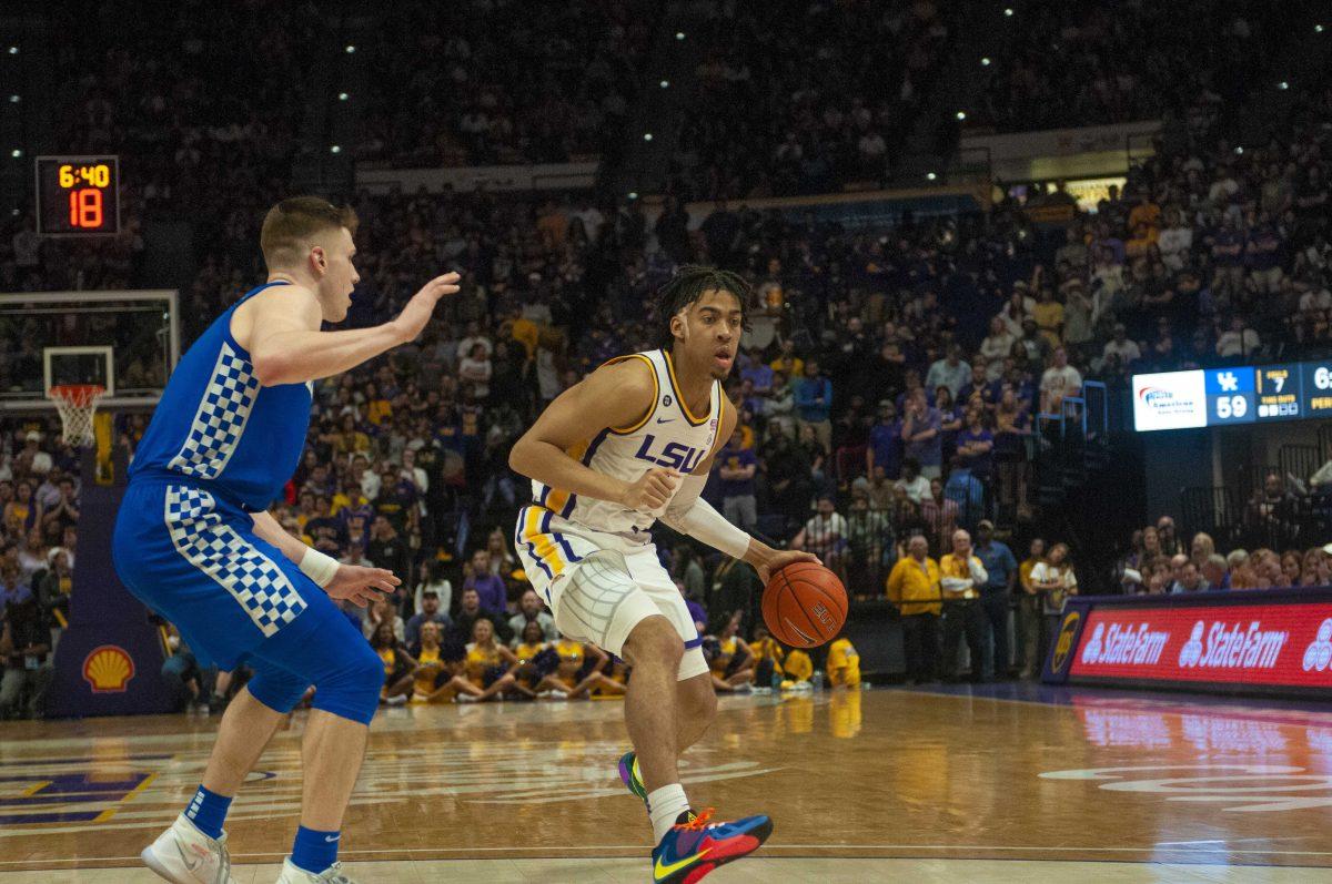 Sophomore forward Trendon Watford looks to pass in LSU's loss to Kentucky on Feb. 18, 2020.&#160;