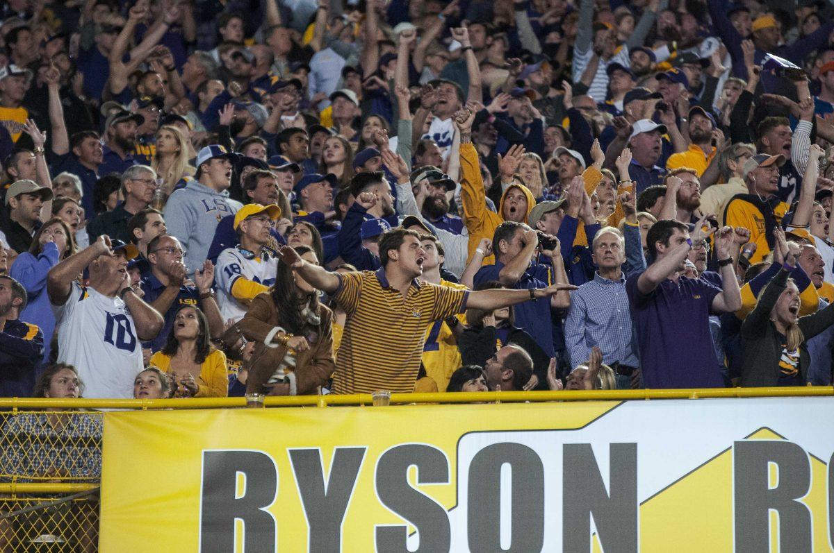 LSU Tigers fans cheer on the football team on Saturday, Oct. 12, 2019, during the Tigers' 42-28 victory against the Gators in Tiger Stadium.