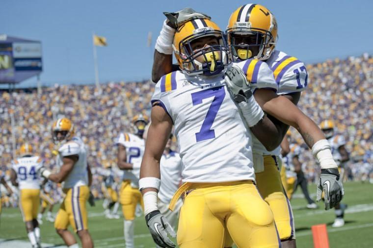 Former LSU cornerback Tyrann Mathieu, 7, celebrates after his touchdown from a recovered fumble Saturday October 11, 2011 in Tiger Stadium.