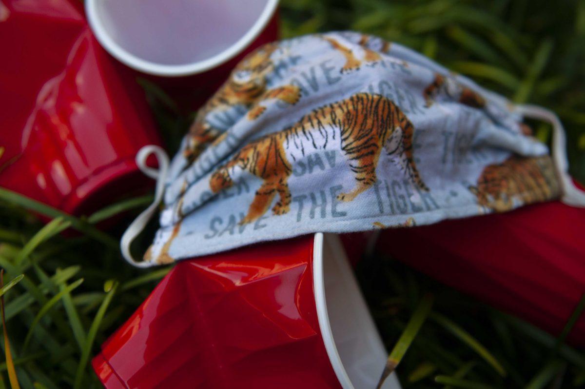 LSU themed masks pictured Thursday, September 3, 2020 alongside empty solo cups while discussions about off campus parties continue.