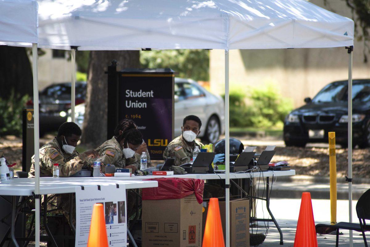 Stations sit on Saturday, Aug. 22, 2020 for COVID-19 testing outside of the Student Union on&#160;LSU's campus.