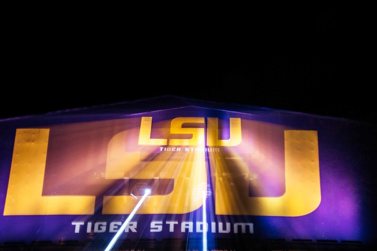 Tiger Stadium shines bright Tuesday, Sept. 15, 2020 at night on N Stadium Road on LSU's campus.