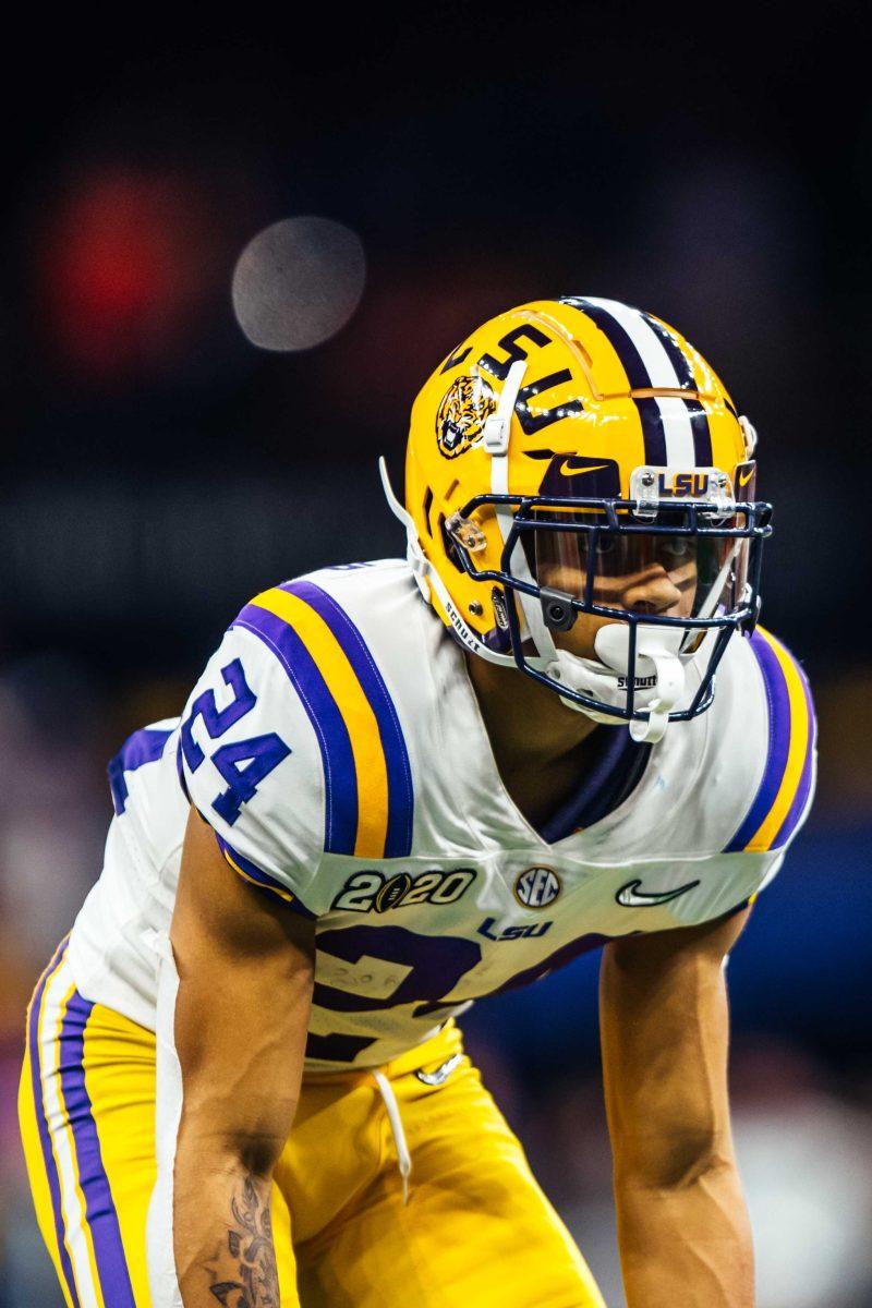 LSU football freshman cornerback Derek Stingley Jr. (24) prepares for a play Monday, Jan. 13, 2020 during LSU's 42-25 win against Clemson at the National Championship in the Mercedes-Benz Superdome.