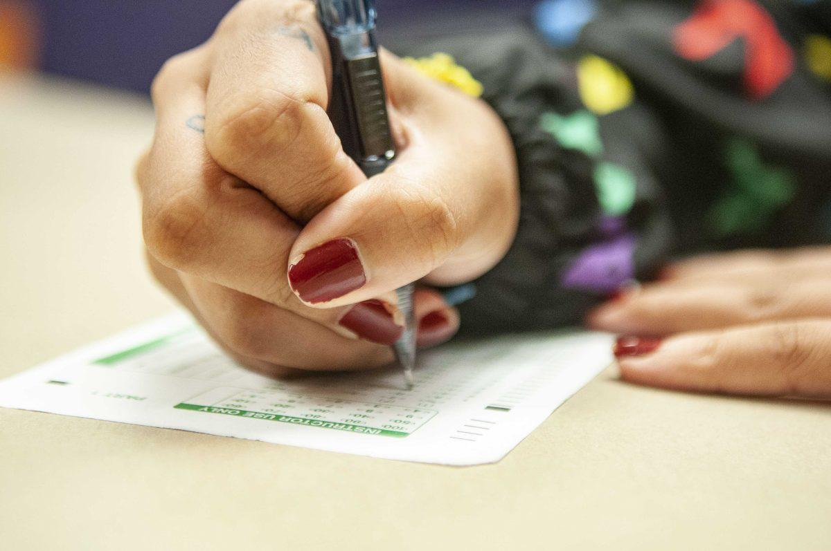 An LSU student uses a scantron in Campbell B. Hodges Hall.