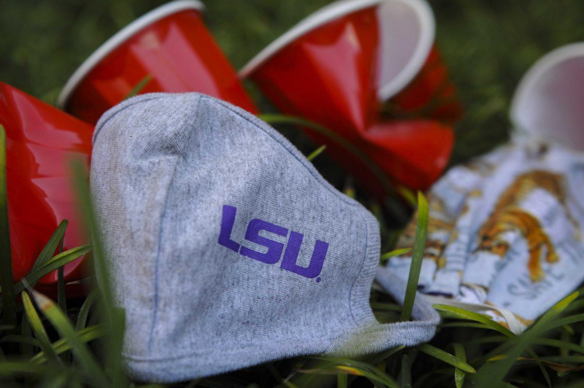 LSU themed masks pictured Thursday, September 3, 2020 alongside empty solo cups while discussions about off campus parties continue.