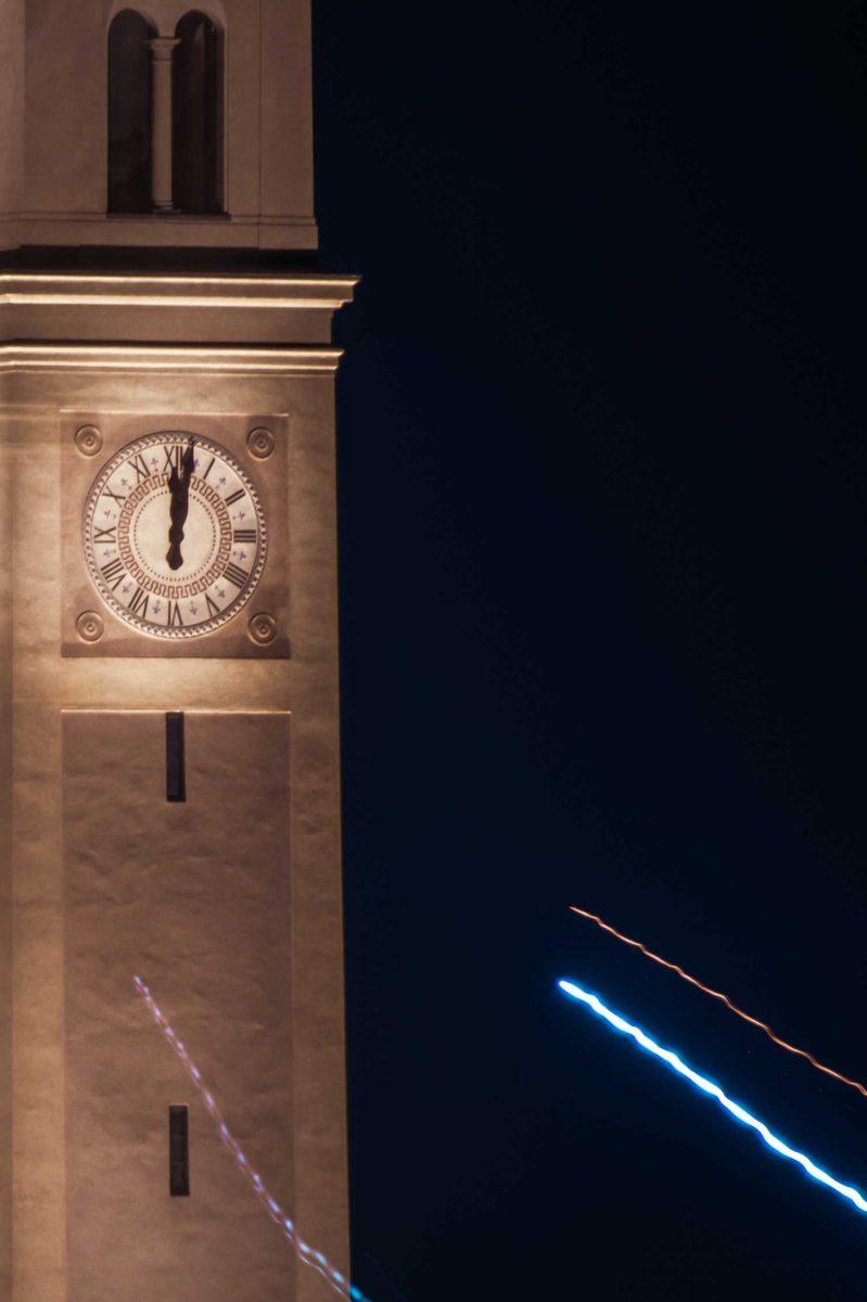 The bell tower clock stands tall Saturday, Sept. 19, 2020 from the top of the Barnes &amp; Noble at LSU parking garage on E Campus Drive.