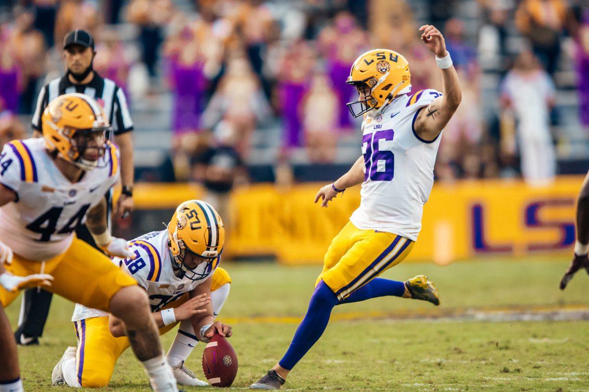 LSU football sophomore placekicker Cade York (36) kicks the ball Saturday, Sep. 26, 2020 during LSU's 44-24 loss against Mississippi State in Tiger Stadium.