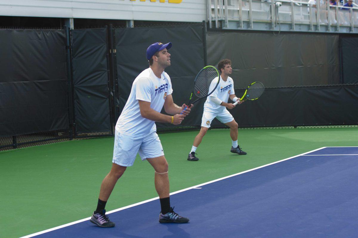 LSU senior men's tennis player Rafael Wagner and LSU junior men's tennis player Joey Thomas scans the court on Wedensday, Mar. 11 2020 during LSU's loss against the University of Memphis at the LSU Tennis Complex.